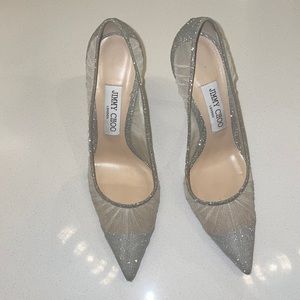 Jimmy Choo Love 85  metallic silver glitter with ivory tulle overlay size 38